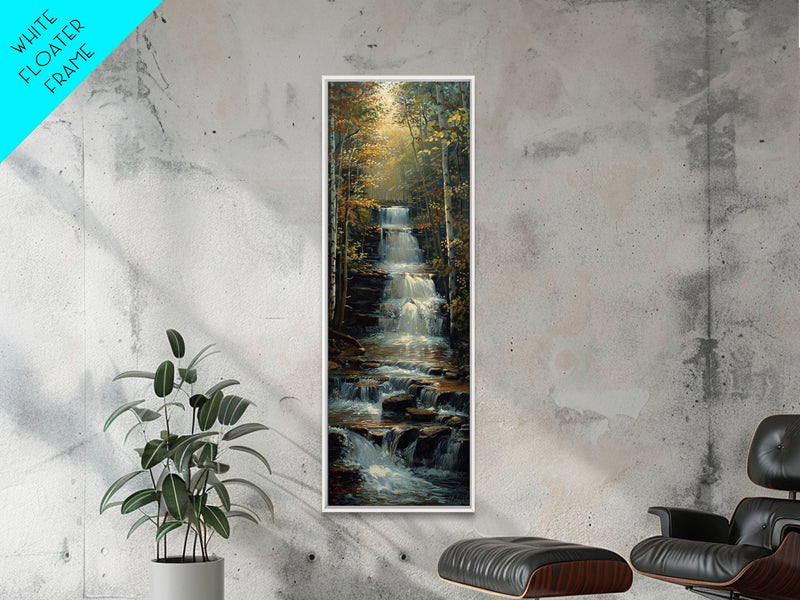 Beautiful Stream Cascading Waterfalls In The Forest at Golden Hour, Framed Canvas Print, Boho Style Landscape Painting Print