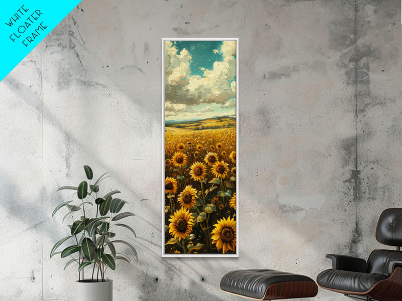 Bright Sunflowers Field Warm Countryside Farmhouse Wall Art Framed Canvas Print Tall Art Ukiyo-e Japanese Style Art