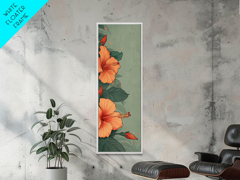 Bright Hibiscus Flowers Ukiyo-e Inspired Art, Framed Canvas Print Ideal for Tall Skinny Spaces, Japanese Floral Design