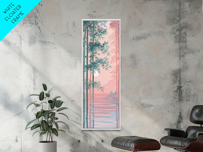 Bamboo Forest, Soft Pink Light, Japanese Art, Skinny Art, Tall Art, Framed Canvas Print, Ukiyo-e Style