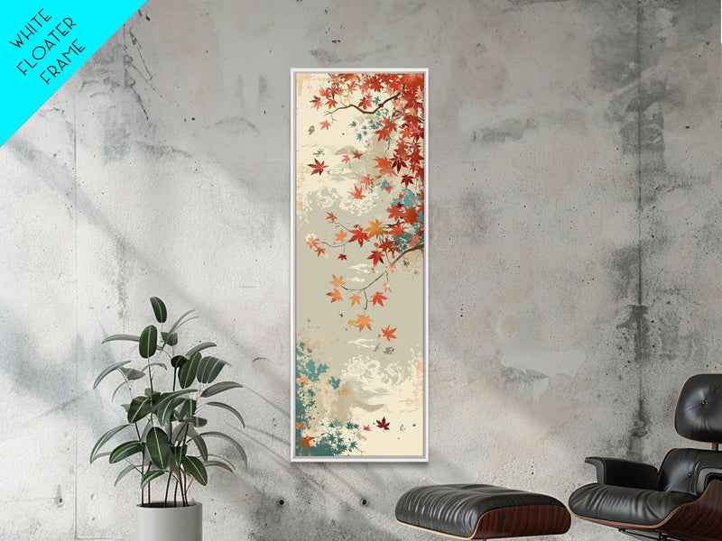 Autumn Maple Leaves in Japanese Garden Ukiyo-e Style Art Skinny Framed Canvas Print with Subtle Color Palette