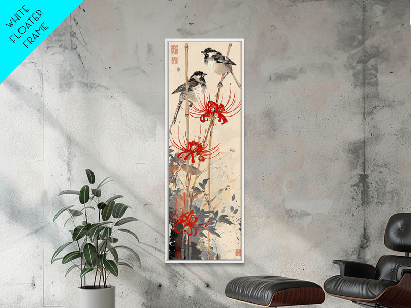 Blossoming Pink Flowers Bold Red Accents Skinny Art Tall Art Framed Canvas Print Japanese Style Art Ukiyo-e Art Wood Block Print Feminine