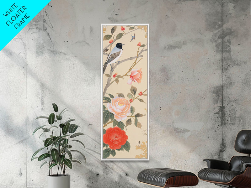 Bird On Branch With Red Peonies And Green Leaves Tall Art Skinny Art Framed Canvas Print Japanese Style Art Ukiyo-e Wood Block Print