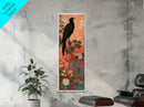 Black Bird On Flowering Branch With Orange Background Tall Art Skinny Art Framed Canvas Print Japanese Style Art Ukiyo-e Wood Block Print
