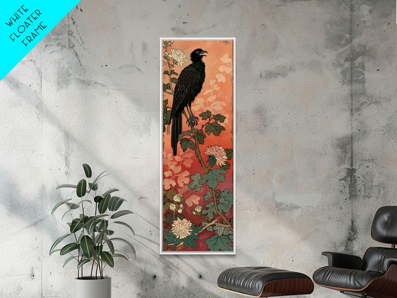 Black Bird On Flowering Branch With Orange Background Tall Art Skinny Art Framed Canvas Print Japanese Style Art Ukiyo-e Wood Block Print