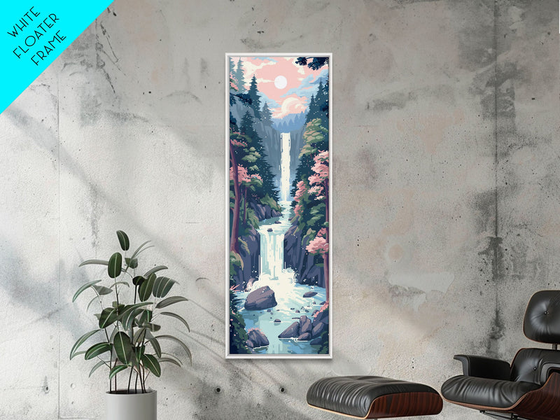 Waterfall Through Rocky Cliff Surrounded By Pine Trees Tall Art Skinny Art Framed Canvas Print Japanese Style Art Ukiyo-e Wood Block Print