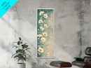 White Daisies With Orange Centers On A Soft Blue-Green Background, Skinny Art Tall Wall Art Framed Canvas Print Japanese Style Art