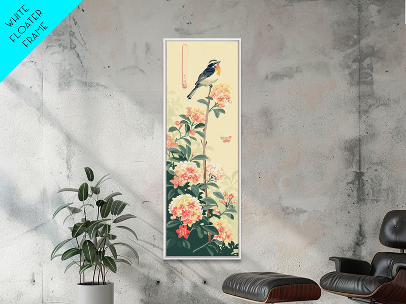 Bird Perched On Floral Branch With Butterfly Ukiyo-e Art Framed Canvas Print Japanese Style Tall Art Wood Block Print Skinny Art