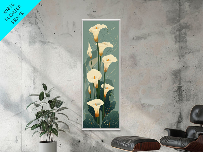 White Calla Lilies on Green Background, Tall Framed Canvas Print in Japanese Ukiyo-e Style Wall Art