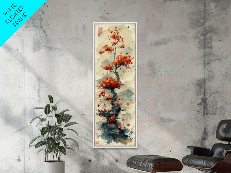 Autumn Bonsai Tree Traditional Japanese Style Nature Art On Framed Canvas Print In Ukiyo-e Art Design Tall Skinny Wood Block Wall Decor