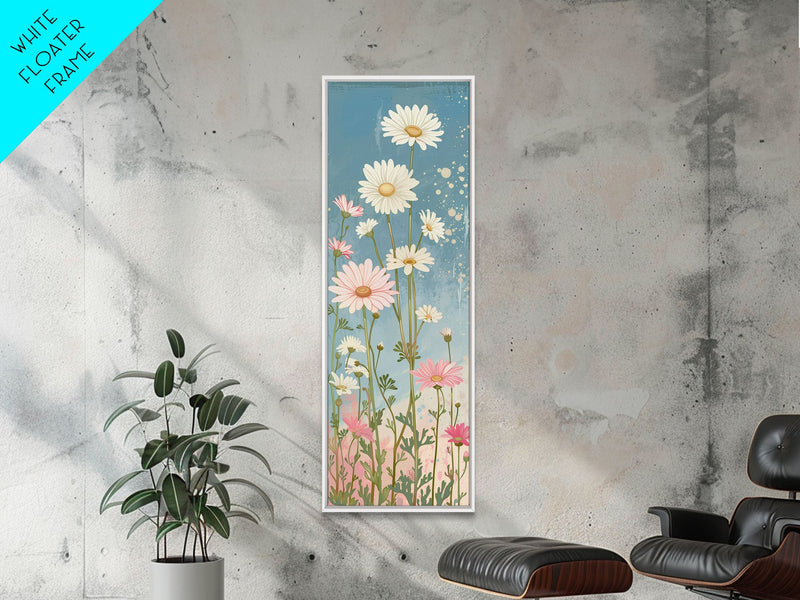 White Daisies Blossoms Japanese Tall Wall Art Blue Background Skinny Framed Canvas Print Ukiyo-e Style