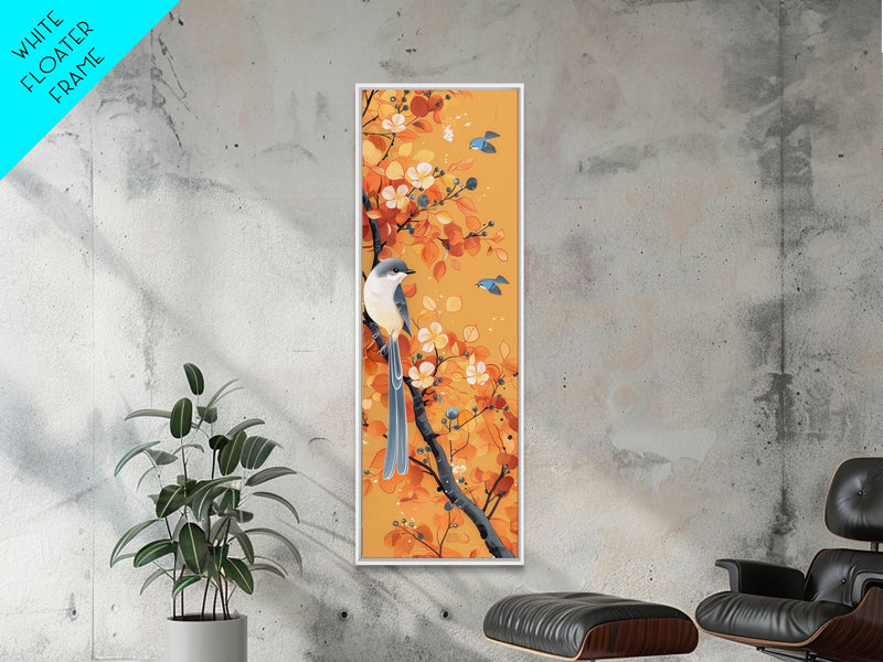 Birds Among Autumn Leaves Japanese Style Tall Wall Art Skinny Framed Canvas Print Woodblock Print