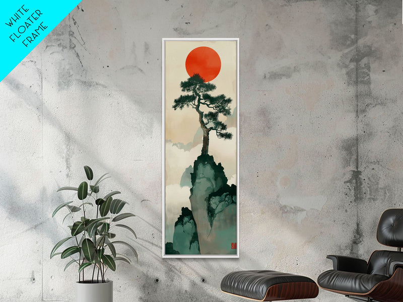 bonsai tree canvas art Bonsai Tree Mountain Red Sun Japanese Tall Wall Art Skinny Framed Canv