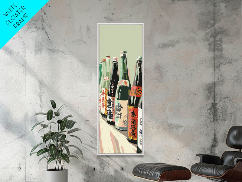 Array Of Japanese Sake Bottles With Minimalistic Labels Arranged Simple Composition Captured Tall Framed Canvas Print Bar Decor