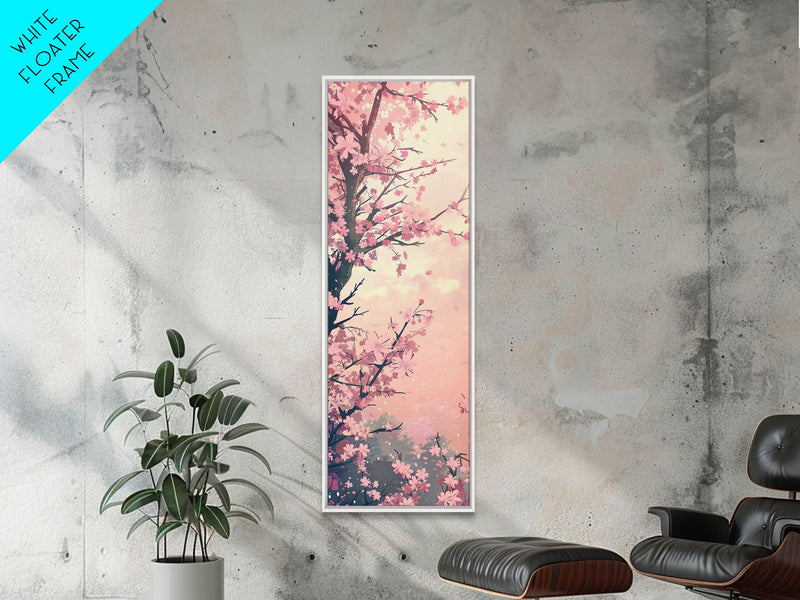 Beautiful Cherry Blossoms Blooming On Tree Branch Against Soft Pastel Background Captured Tall Framed Canvas Print Floral Home Decor