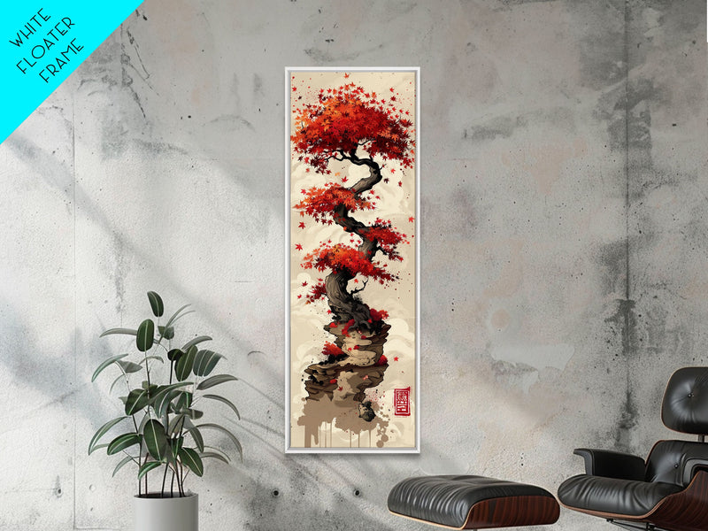 Vibrant Red Maple Tree with Twisting Branches on a Beige Background Ukiyo-e Art Japanese Framed Canvas Print Skinny Tall Art