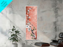 Skinny Art Tall Art Cherry Blossoms Wood Block Print Japanese Style Art With Delicate Branches On Soft Pink Background Framed Canvas Print