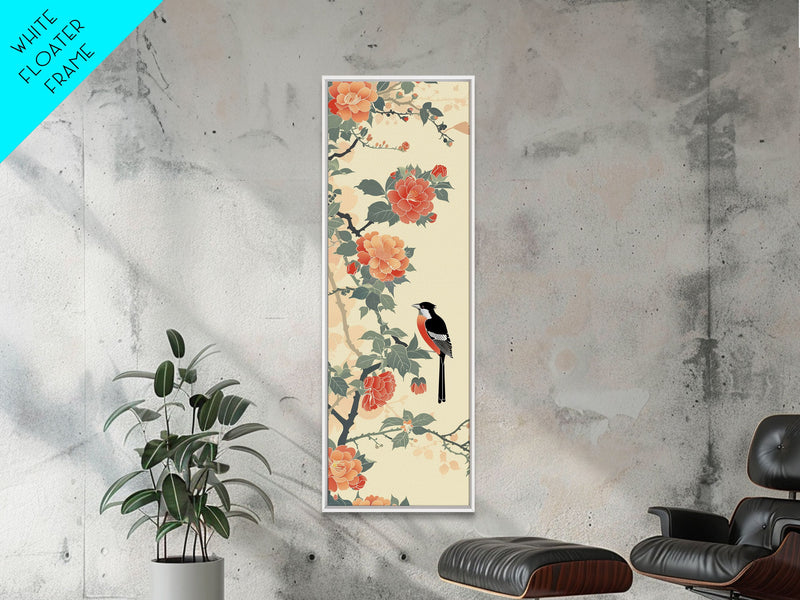 Bird Among Camellia Flowers On Light Background Skinny Art Ukiyo-e Wood Block Print Framed Canvas Print