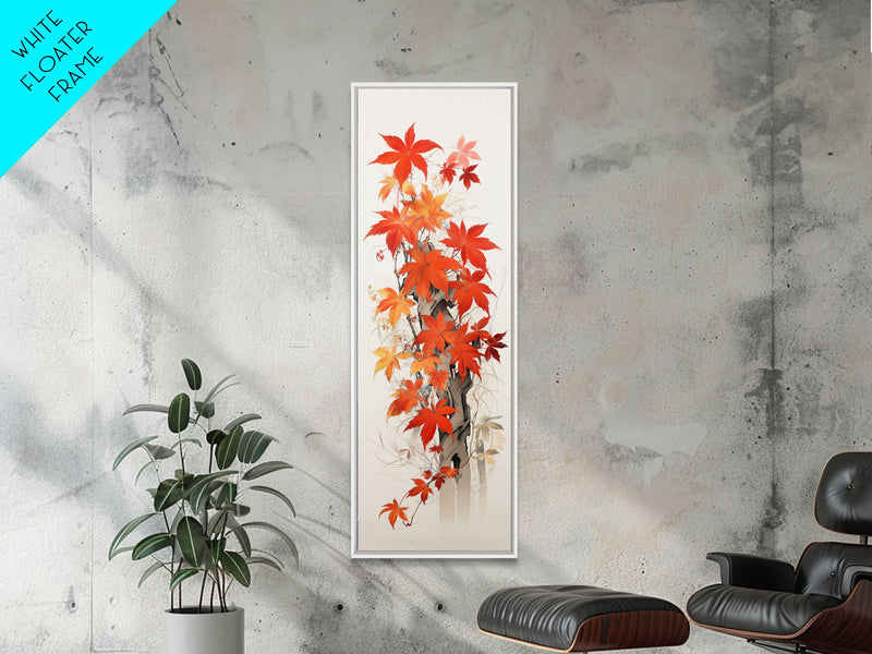 Brilliant Red Leaves On A Twisted Tree, Framed Canvas Print In Skinny Tall Style, Ideal For Feng Shui Wall Art In Japanese Style Art