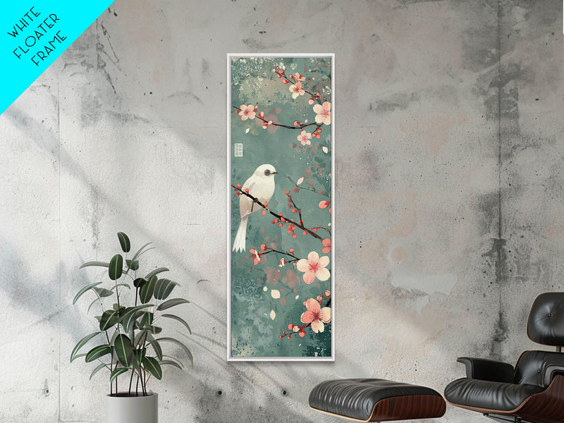 White Bird Perched On A Branch With Blossoms â€“ Framed Canvas Print Combining Skinny Art And Tall Art Inspired By Ukiyo-E Art And Japanese Style Art