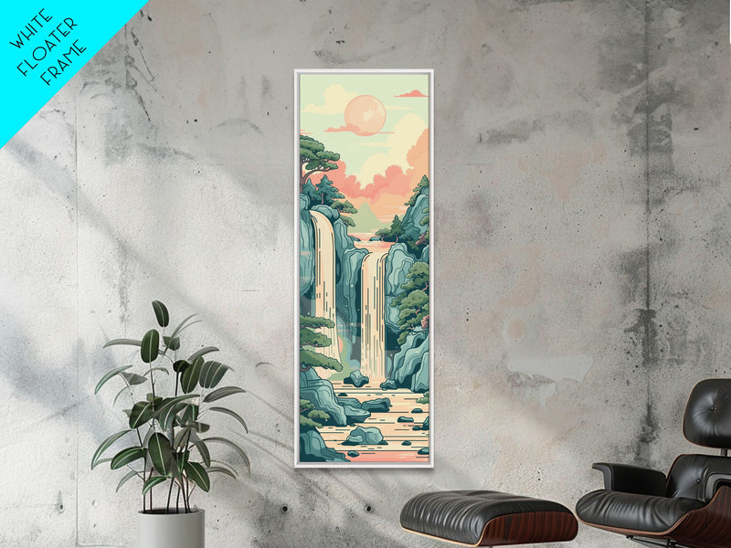 Waterfall With Scenic Landscape - Skinny Art Tall Art Framed Canvas Print Japanese Style Art Ukiyo-e Art