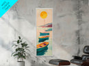 Rowboats And Golden Sun On Calm Water Skinny Art Wood Block Print Japanese Style Art Framed Canvas Print Tall Art Ukiyo-e Art