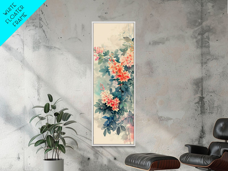 Azalea Blossoms Skinny Art Tall Art Japanese Ukiyo-e Inspired Floral Framed Canvas Print for Elegant and Timeless Decor