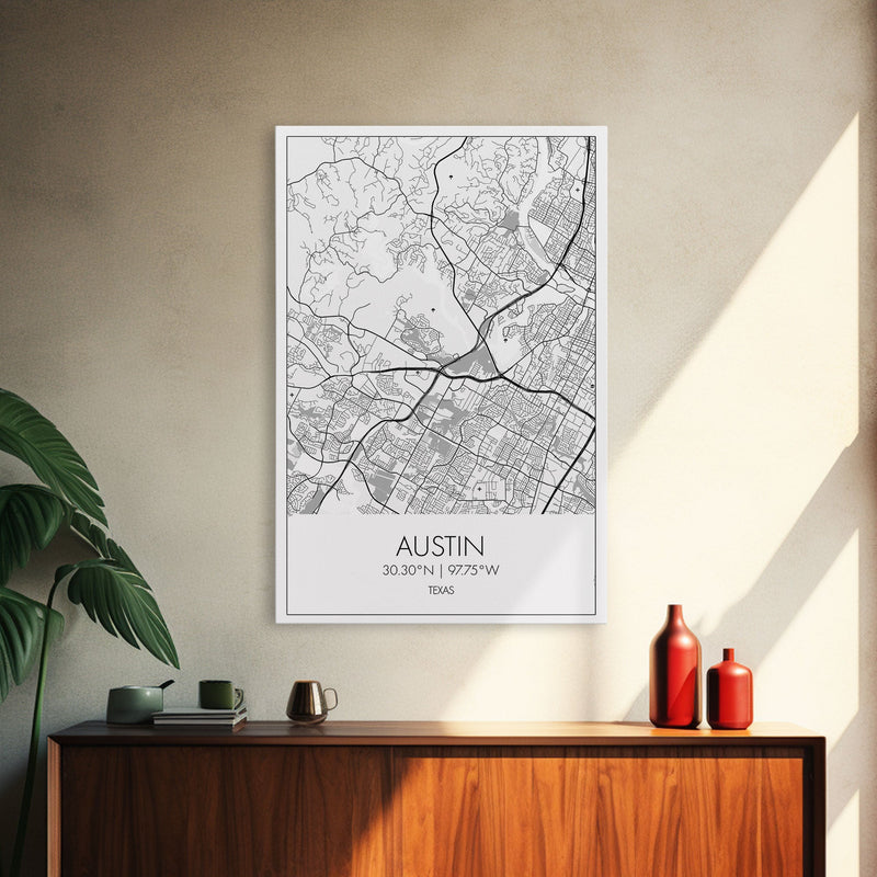 Austin Street Map, Texas Map, City Map Art, Office Wall Art, Travel DÃ©cor, Minimalist Art, Wall Art, Canvas Print, Canvas Wall Art