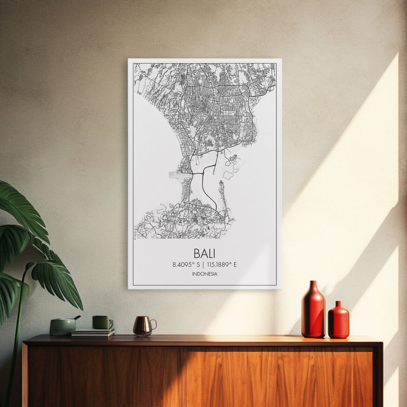 Bali Street Map, Indonesia Map, Asian City Wall Art, Travel Gift, Living Room Art, Minimalist Art, Wall Art, Canvas Print, Canvas Wall Art