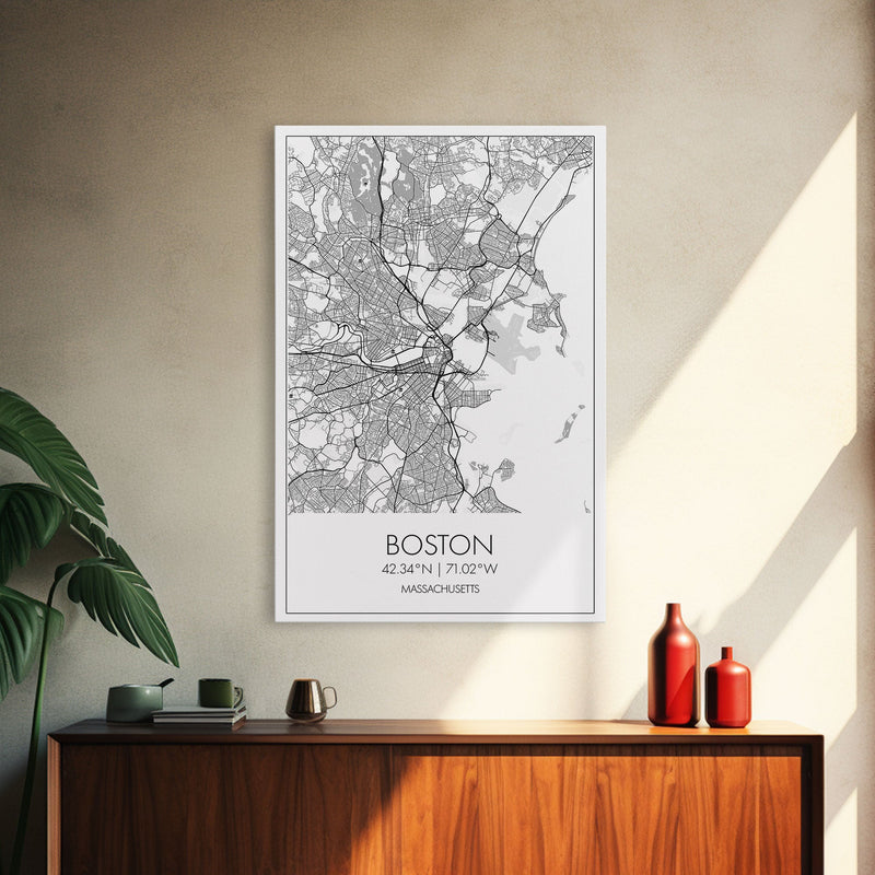 Boston Street Map, Massachusetts Map, City Map Art, Modern Art, Wall Art, Canvas Print, Wall Art For Bedroom, Gifts For Him, Travel DÃ©cor