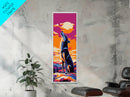 Sunset Wolf Silhouette Framed Canvas Print pink orange wall art, tall skinny art, extra wide art, landscape painting, colorful wildlife art, whimsical art, Joshua tree art, southwest wall art