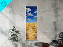 Golden Prairie Trail Framed Canvas Print rustic wall art, southwest wall art, landscape painting, farmhouse art, extra wide art, panoramic painting, above sofa art, wabi sabi art, Joshua tree art