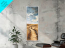 Serene Rural Path Framed Canvas Print landscape painting, farmhouse art, above couch art, rustic wall art, wabi sabi art, extra wide art, panoramic art, warm neutral wall art, barn landscape oil painting