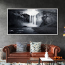 Powerful Waterfall Mist, nature wall art, moody art, mountain painting, black and white photography, dramatic landscape, framed canvas print