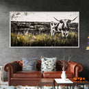 Longhorn Cattle, rustic wall art, farmhouse art, black cowgirl painting, extra wide art, framed canvas print, panoramic painting