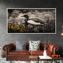Loon Water Bird, Black and White Painting, Rustic Wildlife Art, Nature Wall Art, Lake House Decor, Framed Canvas Print, Extra Wide Art