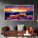 Rattlesnake Sunset, wildlife painting, southwest wall art, mountain painting, rustic decor, panoramic art, Framed Canvas Print, farmhouse art