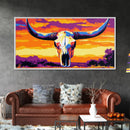 Skull, bull, desert art, cowboy decor, boho wall art, moody sunset, extra wide art, rustic decor, framed canvas print