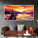 Cowboy on horseback, western silhouette, river sunset, rustic art, moody landscape, extra wide painting, vintage western, framed canvas print