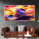 Cowboy hat, western decor, rustic style, bold colors, country aesthetic, southwest wall art, moody sunset, framed canvas print