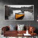 Rustic Canoe on Lake, coastal landscape art, lake Tahoe art, wabi sabi wall art, extra wide art, nautical decor, rustic art, Framed Canvas Print