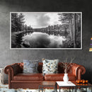 Lake reflection, pine tree art, landscape painting, wabi sabi art, rustic decor, panoramic painting, extra wide art, framed canvas print