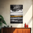 Moody Landscape, dramatic clouds, black and white, gold fields, panoramic art, rustic decor, framed canvas print, extra wide art