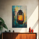 Lantern Glow, moody art, rustic decor, farmhouse art, warm light painting, southwest wall art, wabi sabi art, Framed Canvas Print