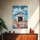 Rustic Barn, farmhouse art, landscape painting, blue and green wall art, extra wide art, panoramic art, Framed Canvas Print