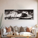 Western Hat Art, Black and White Art, Framed Canvas Print, Rustic Wall Art, Wabi Sabi Art, Extra Wide Art, Minimalist Art