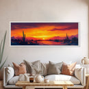 Sunset Cactus Art, southwest wall art, desert landscape painting, extra wide art, panoramic painting, framed canvas print, rustic decor, horizontal wall art