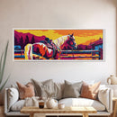 Western horse, saddle, cowboy, sunset, rustic wall art, panoramic art, framed canvas print, extra wide art, horse wall art