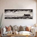 Stormy Wagon, black and white art, moody western painting, rustic decor, farmhouse wall art, extra wide panoramic art, framed canvas print.