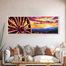 Vibrant Wagon Sunset, pink abstract art, poppy wall art, boho art, panoramic painting, extra wide art, framed canvas print, vintage wall art
